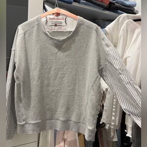 Gray Crew Neck Sweater with Striped Detail on Arms